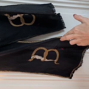 RARE Collectible Erte Narrow Silk Black Scarf with Letters B And Gold Accents